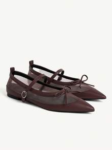 CUCCOO CHICEST Women's Shoes Breathable Mesh Bow One-Buckle Pointed Heel Simple Mesh Splicing Brown Mary Jane Flats Commuter Dating Party Fall Shoes - dark brown - View 1