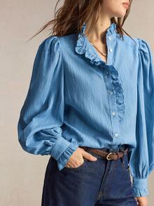 BizChic Fall Light Blue Shirt, Ruffle Collar, Front Pleats, Back To School, Church, Office, Special Occasions, Elegant French Style, Halloween, Birthday - Blue - View 5