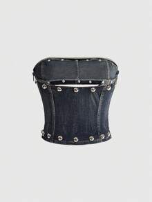 ROMWE Grunge Punk Summer Punk Y2K Sexy Hot Girl Metal Rivet Hollow Out Design Vintage Washed Fitted Tube Denim Top Club Night Out Dark Blue - Blue - View 2