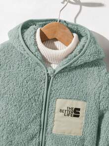 SHEIN 兒童 1件 小男孩休閒時尚連帽抓絨外套，適合日常穿著、上學、旅行、運動，秋冬季 - 綠色 - 查看 6