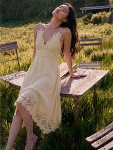 Willow Rêve 女款黃色刺繡不對稱下擺洋裝，浪漫度假風，情人節波西米亞風，適合約會、野餐，刺繡洋裝 - 鵝黃色 - 查看 1