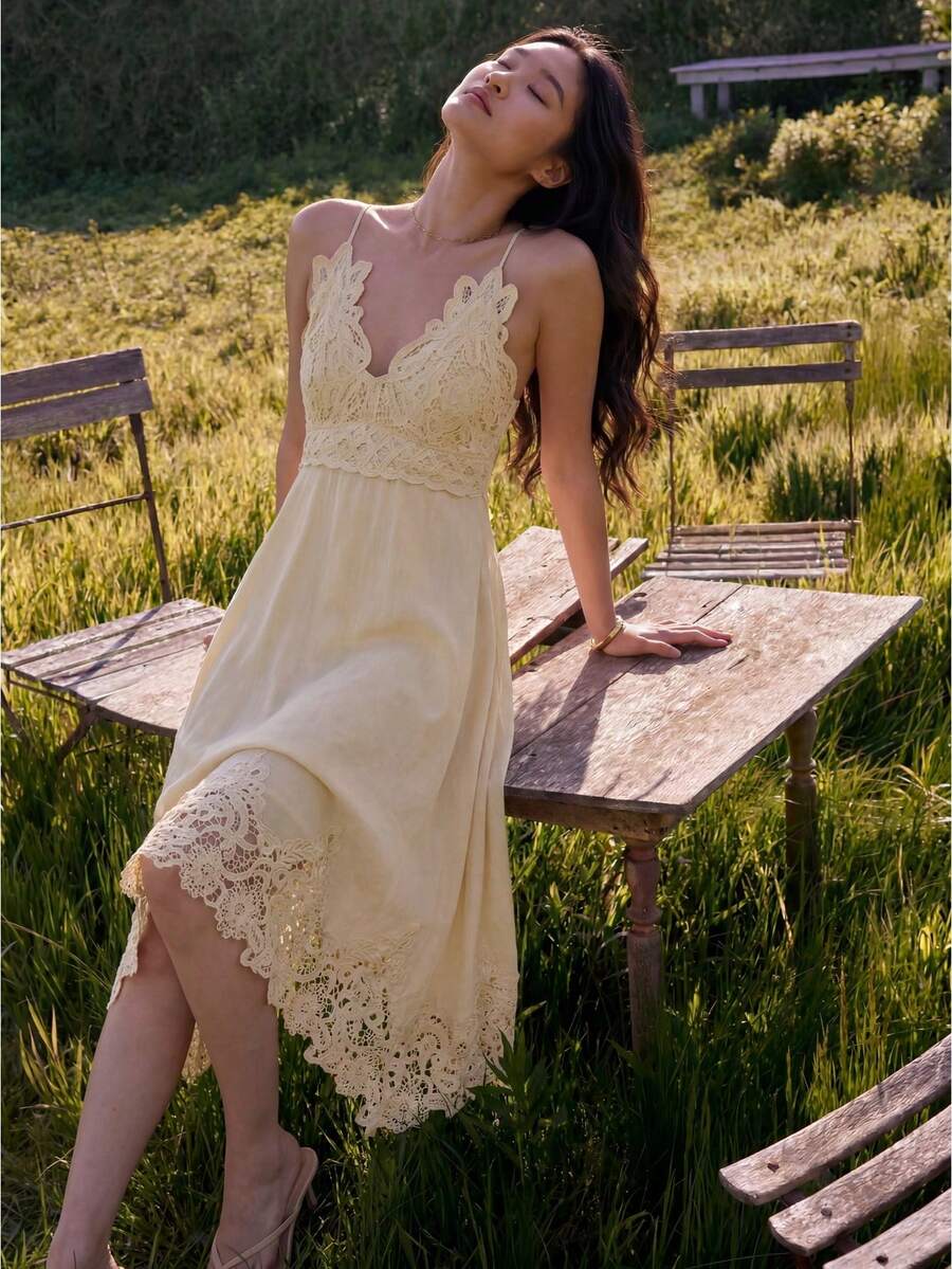 Willow Rêve 女款黃色刺繡不對稱下擺洋裝,浪漫度假風,情人節波西米亞風,適合約會、野餐,刺繡洋裝 - 鵝黃色 - 查看 1