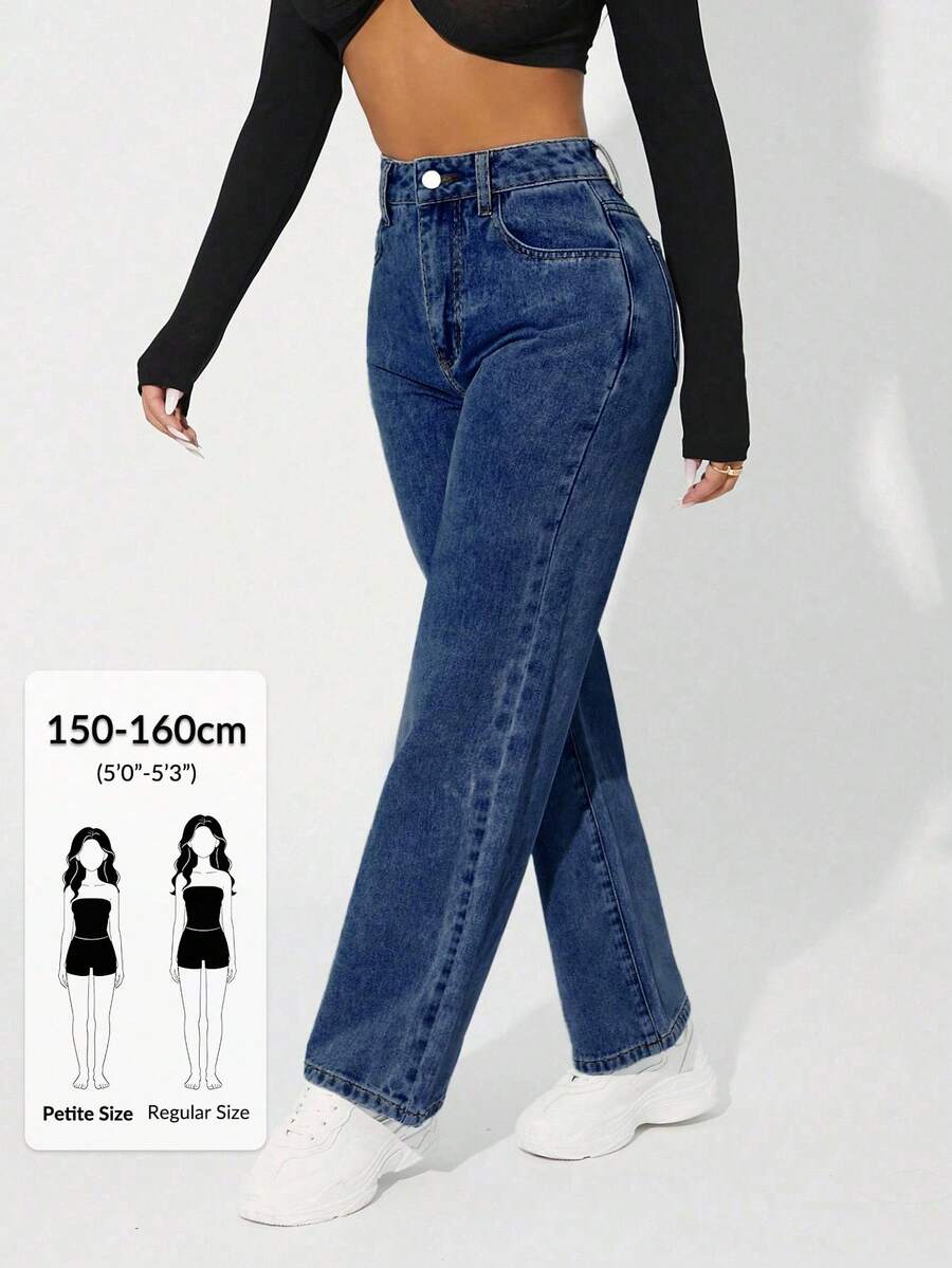 SHEIN PETITE 純色口袋休閒百搭直筒牛仔褲,小碼女款 - 深色水洗藍 - 查看 1