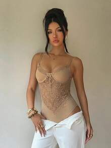 Aloruh Camisole Rajut Khaki Pas Badan untuk Wanita dengan Detail Renda Kontras - Khaki - View 5
