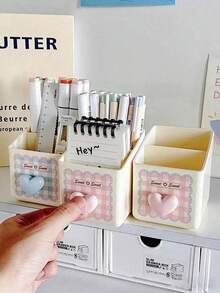 1PC Desktop Stationery Storage Box Dual Layer Design Large Capacity Pen Holder Makeup Brush Organizer Heart Pattern Pink White Sturdy Plastic For Students Teachers Office Back To School Christmas Birthday Gift For Friends Home Desk Accessories - Multicolor - View 2