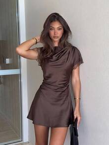 Siren Gaze Women Summer Dark Brown Pleated Lace Trim Mini Dress Business Casual Mature Sexy Elegant Resort Style Festival Party Dinner Date Night Out Teacher - Brown - View 7
