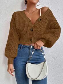 Balvessa Women's Solid Color Drop Shoulder Long Sleeve Single-Breasted Knit Cardigan - Brown - View 6