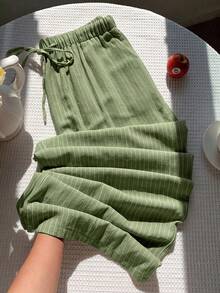 Solflare Spring/Summer Vacation Style Linen Drawstring Tie Pants Plus Size - Army Green - View 4