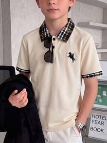 SHEIN Casuvi Kids Tween Boy Summer Casual Plaid Patchwork Polo Shirt - Multicolor - View 7