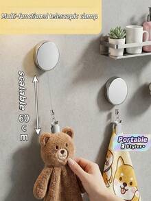 1pc 60cm Retractable Self Adhesive Wall Hanging Clips No Drill Heavy Duty Towel Holder Multipurpose Space Saving Hook Organizer For Bathroom Kitchen Laundry Room Small Items Storage - Multicolor - View 1