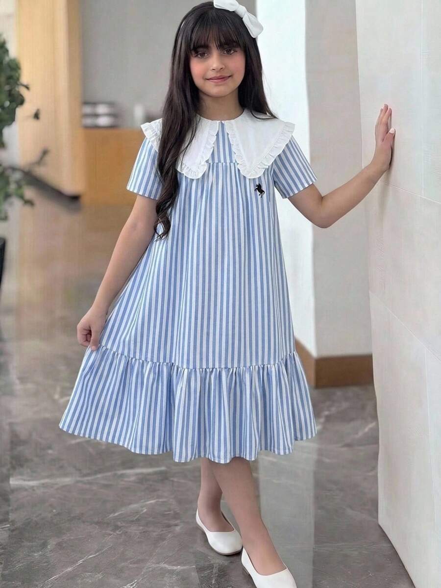Tween女孩休閒舒適彼得潘領撞色條紋馬標素色洋裝,返校季公主風洋裝 - 藍色 - 查看 1