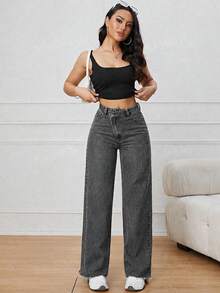 SHEIN PETITE 女款直筒休閒街頭風百搭牛仔褲，附口袋，適合外出夜生活，黑色，夏季 - 深灰色 - 查看 4