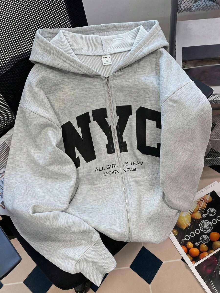 SHEIN 青少年女孩秋冬新款灰色針織時尚百搭字母印花休閒衛衣,返校季 - 灰色 - 查看 1