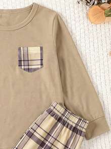 SHEIN 小男孩拼接格紋口袋長袖上衣與長褲居家服套裝 - 卡其色 - 查看 6