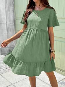 Boho Mama Maternity Solid Color Round Neck Short Sleeve Ruffle Hem Casual Dress - Green - View 6