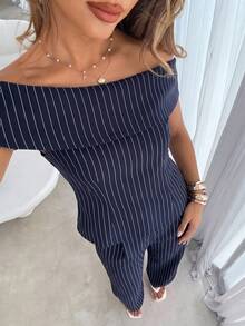 Siren Gaze Women Summer Casual Striped Foldover Asymmetric Collar Fitted Top Wide Leg Pants 2 Sets Elegant Going Out Vacation Y2k Work Office Business - Navy Blue - View 4