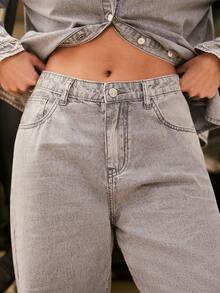 WESTFADE Mid Rise Relaxed Wide Leg Denim Jeans, Fall Winter 2026, Autumn, Female Country Look, Cowgirl, Rodeo, Concert, Back To School - Light Grey - View 5