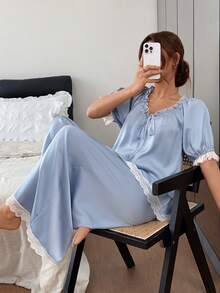 DAZY Women's Contrast Lace Front Tie Top And Pants Pajama Set - Blue - View 6