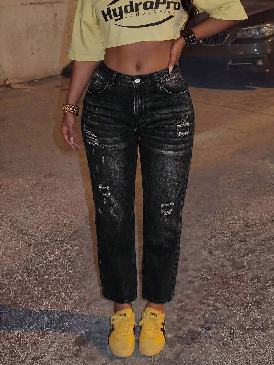 BriallanyX BriallanyX Celana Jeans Denim Wanita Model Skinny dengan Saku dan Detail Sobek, Kasual, dan Serbaguna - Hitam - View 1