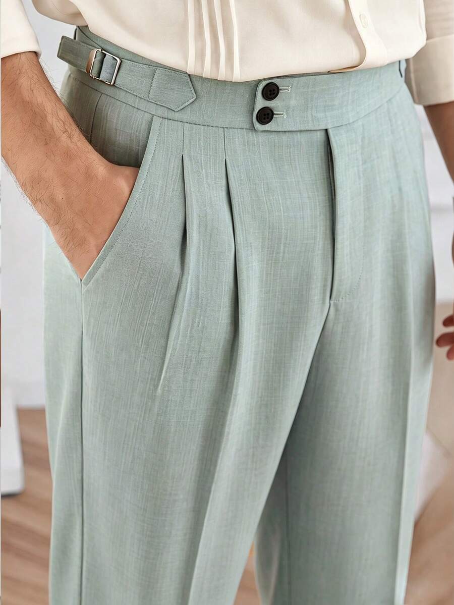 Core Aspect Men's Solid Color Mid-Waist Double Pleat Double Button Adjustable Waist Side Tab Design Zipper Casual Slim Fit Cropped Pants - Green - View 1