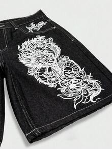 STEELVANCE 男士夏季街頭印花牛仔短褲 寬鬆寬腿短褲 - 黑色 - 查看 6