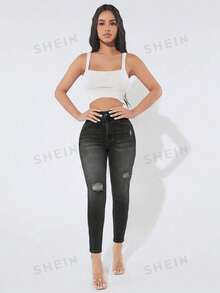 SHEIN PETITE 女款時尚休閒破洞緊身牛仔褲，適合嬌小女性 - 黑色 - 查看 3