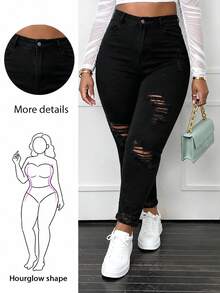 CurvyTilda Plus Size Women's Ripped Slim Fit Jeans Casual Vacation - Black - View 1