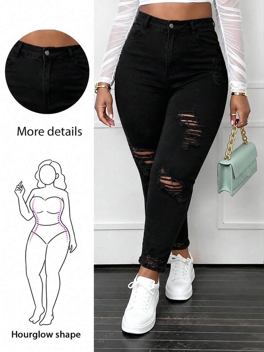 CurvyTilda Plus Size Women's Ripped Slim Fit Jeans Casual Vacation - Black - View 1