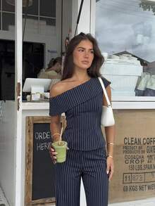 Siren Gaze Women Summer Casual Striped Foldover Asymmetric Collar Fitted Top Wide Leg Pants 2 Sets Elegant Going Out Vacation Y2k Work Office Business - Navy Blue - View 13