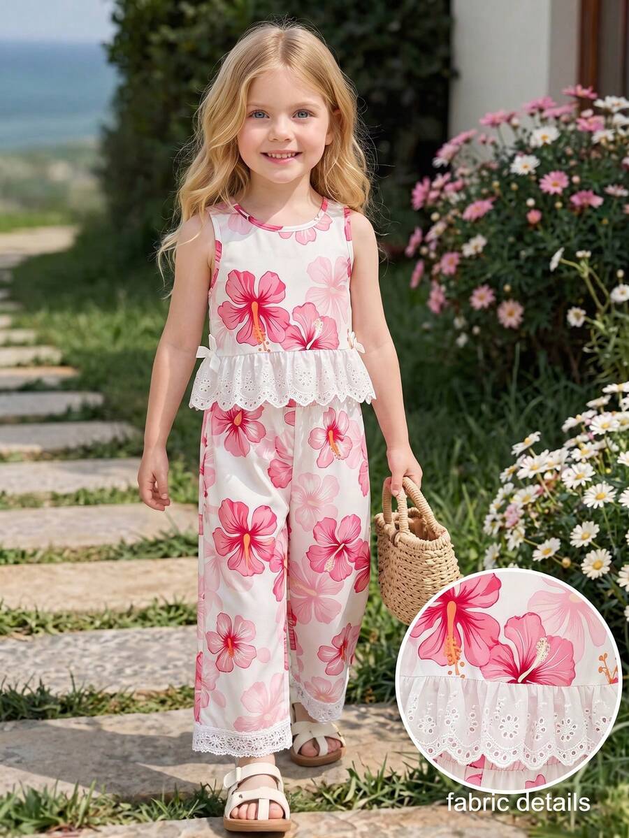 SHEIN Genkimix Kids 女童法式碎花印花圓領無袖背心上衣搭配側邊3D蝴蝶結裝飾與寬鬆直筒寬腿褲套裝，夏季休閒穿搭