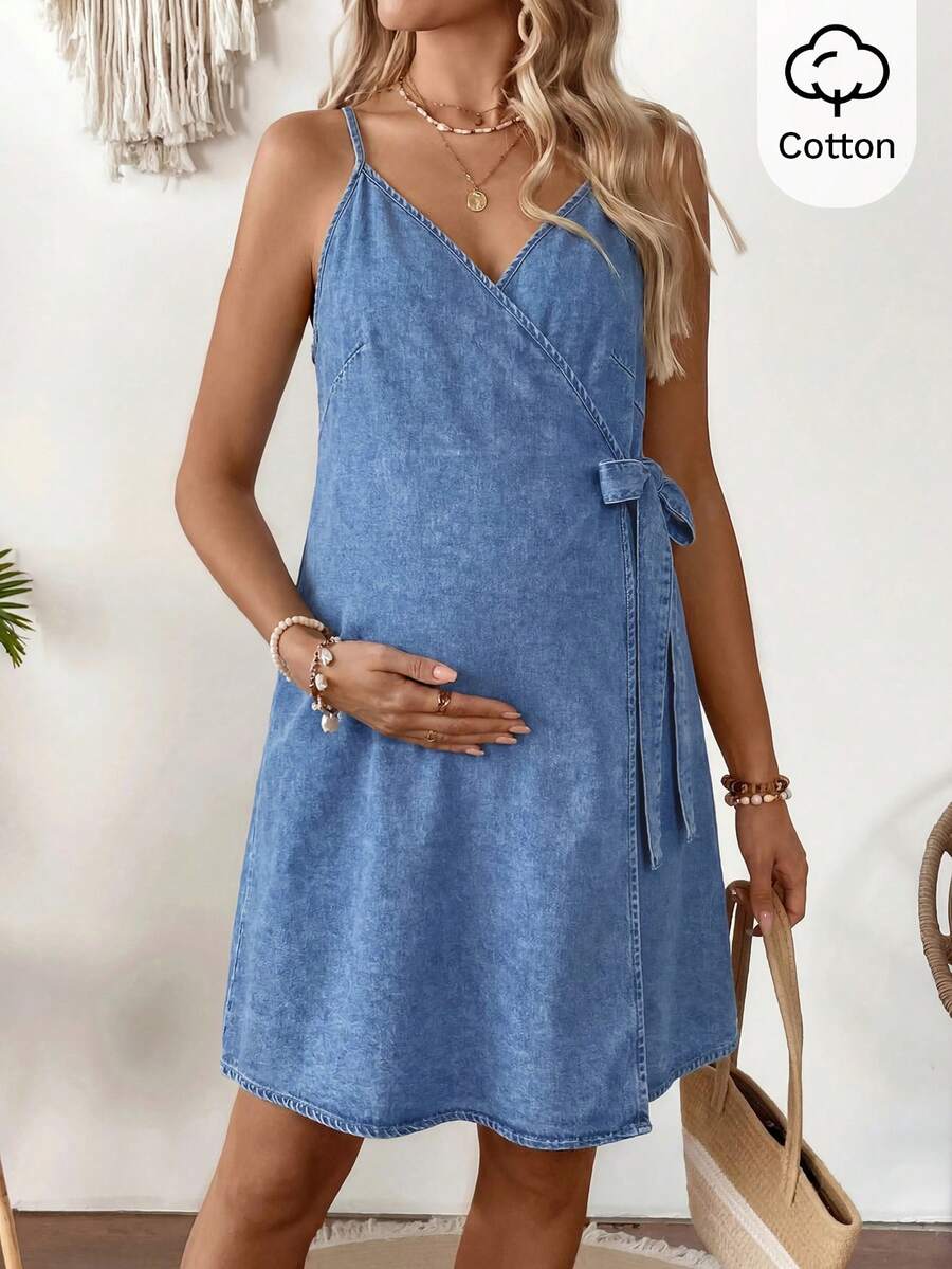 SHEIN 孕婦細肩帶露背牛仔洋裝 - 藍色 - 查看 1