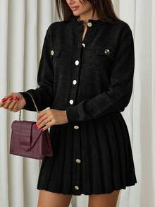 EURMUSE Women Solid Color Front Button Cardigan Pleated Sweater Skirt Set Office Tea Party Black Winter Elegant French - Black - View 6