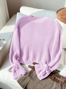 SHEIN Tween女孩秋冬針織羅紋袖口蝴蝶結鬆身套頭毛衣 - 紫色 - 查看 5