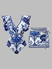 Swim Oasis 女款花卉印花連體泳衣與裙子套裝，適合海灘度假、泳池派對、海灘派對 - 彩色 - 查看 1