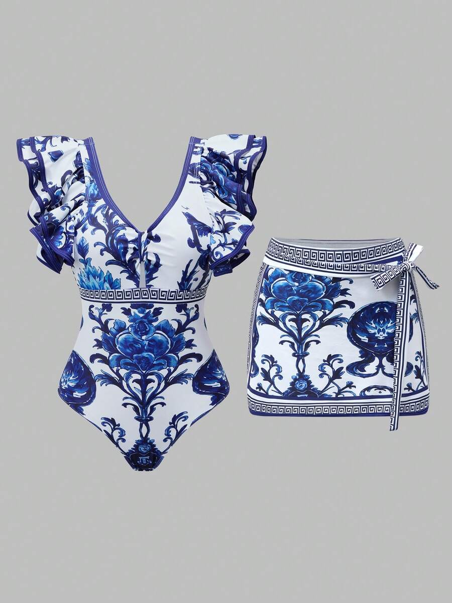 Swim Oasis 女款花卉印花連體泳衣與裙子套裝,適合海灘度假、泳池派對、海灘派對 - 彩色 - 查看 1