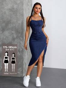 SHEIN Tall 女款緊身無袖露肩收腰不對稱下擺開衩甜美派對夜店迷你牛仔洋裝，海軍藍，秋季，適合高個女性 - 深色水洗藍 - 查看 8
