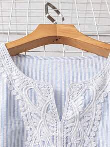 Rusticease Middle-Aged Women Striped Lace Patchwork Blouse Casual Elegant Formal Cocktail White Autumn - Multicolor - View 7