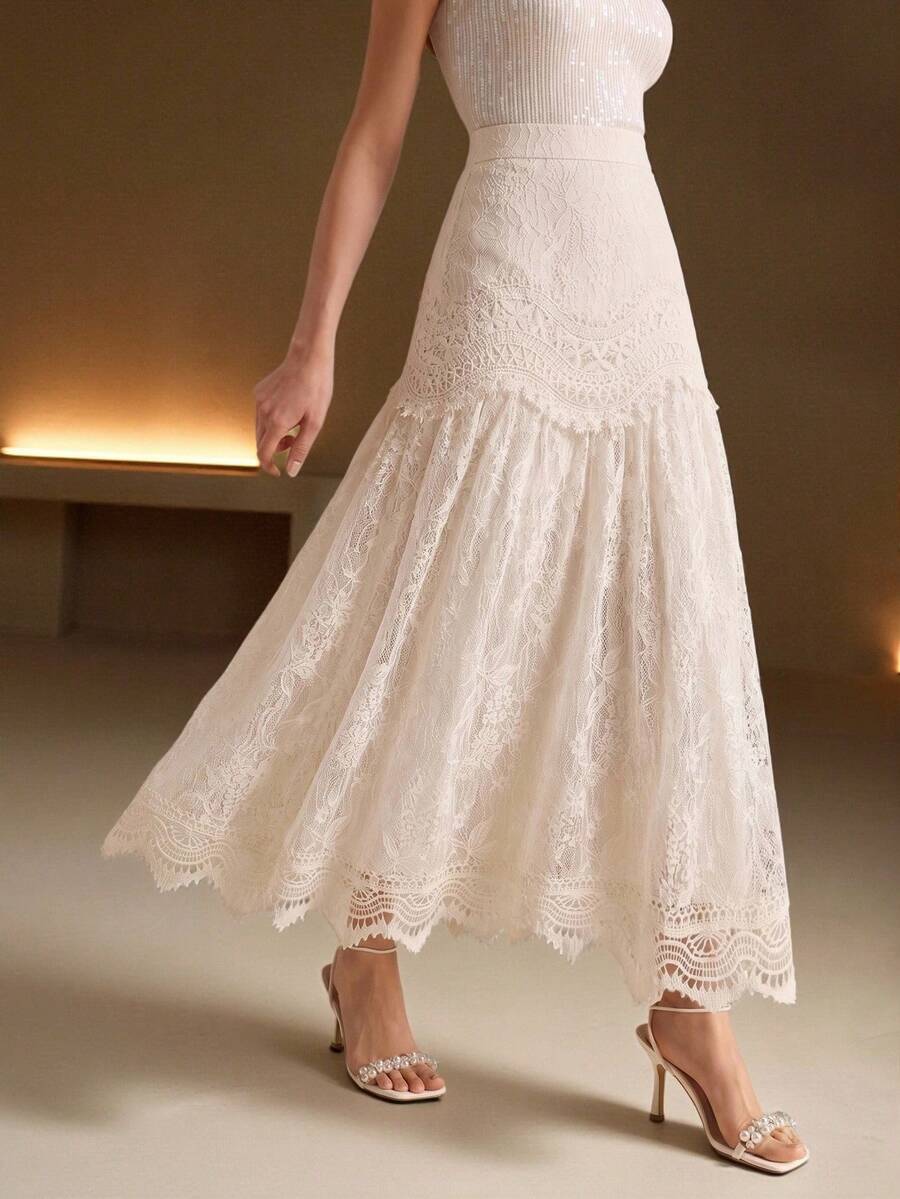 Anewsta Summer New French Elegant Hollow Lace Patchwork Ruffle Hem Versatile Skirt - Beige - View 1