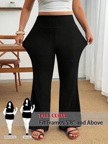 SHEIN Tall CURVE Plus Size Women's Casual Black High Waist Flare Leg Pants Fall - Black - View 3