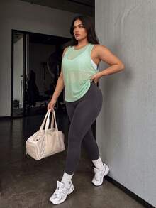 Gameset SHEIN Sport Plus Size Sports Fashion Tank Top, Bamboo Mesh Jacquard, Cool Cross Back Sexy T-Shirt Top - Mint Green - View 2