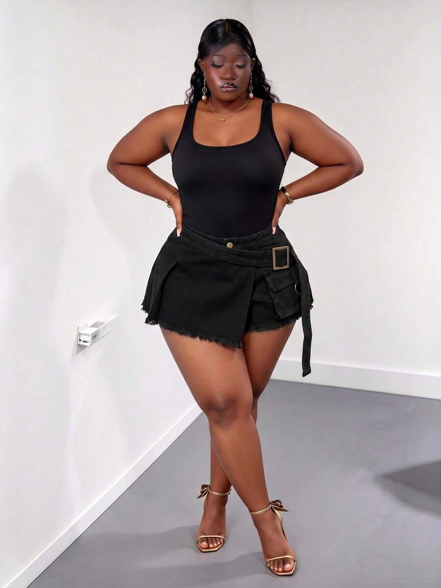 CurvyTilda 大尺碼女款扣環設計時尚牛仔工裝裙褲休閒夏季款 - 深灰色 - 查看 1