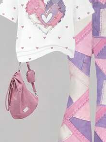 SHEIN Elladie kids 2件組復古粉色愛心印花T恤與喇叭褲套裝，可愛夏季返校女孩穿搭，Y2K校園風，新款圓領短袖T恤搭配鬆緊腰喇叭長褲，簡約百搭時尚通勤套裝 - 彩色 - 查看 6