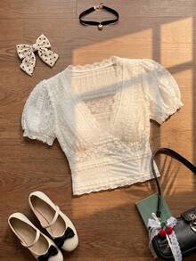 Skyraze Women's Contrast Lace V-Neck Short Petal Sleeve T-Shirt Vacation Cream White Summer Fairycore - Apricot - View 3