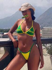 Costavie 女款夏季海灘字母印花掛脖繫帶性感時尚比基尼兩件式泳衣套裝 - 黃色 - 查看 8
