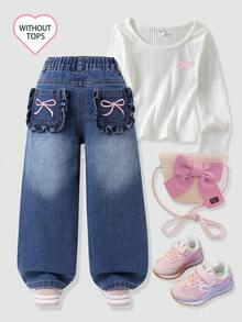 SHEIN Elladie kids 女童牛仔長褲，四季皆宜，時尚休閒風，深色水洗淺藍牛仔，彈性腰頭設計，後口袋蝴蝶結刺繡圖案，荷葉邊褲腳，直筒版型，開學季，歐美風，甜美可愛，新品上市，柔軟舒適面料，日常百搭時尚穿搭，春秋新款女童牛仔長褲 - 中等水洗藍 - 查看 2