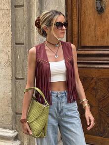Brillora Fringe Trim Open Front Vest Summer Jacket In Fall/Winter - Burgundy - View 10