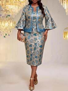 Fleurora Plus Size Elegant Formal Evening Wedding Jacquard Bell Sleeve Blouse And Dress Two Pieces Set Dusty Blue Autumn Fall - Blue - View 5