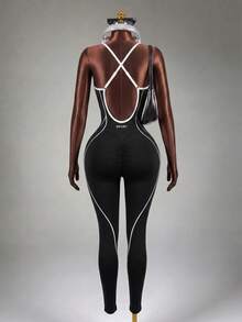 Mistrie Black & White Backless Camisole Seamless Active Jumpsuit Sports - Black and White - View 3