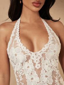 Silquee Women's Floral Embroidered Pattern Sexy Versatile Halter Top Halloween - White - View 6