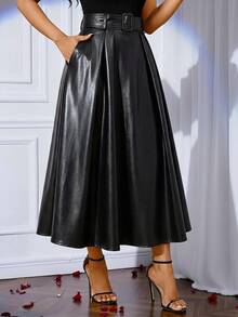 SHEIN Lady 女款純色PU皮革時尚百搭日常休閒裙 - 黑色 - 查看 4